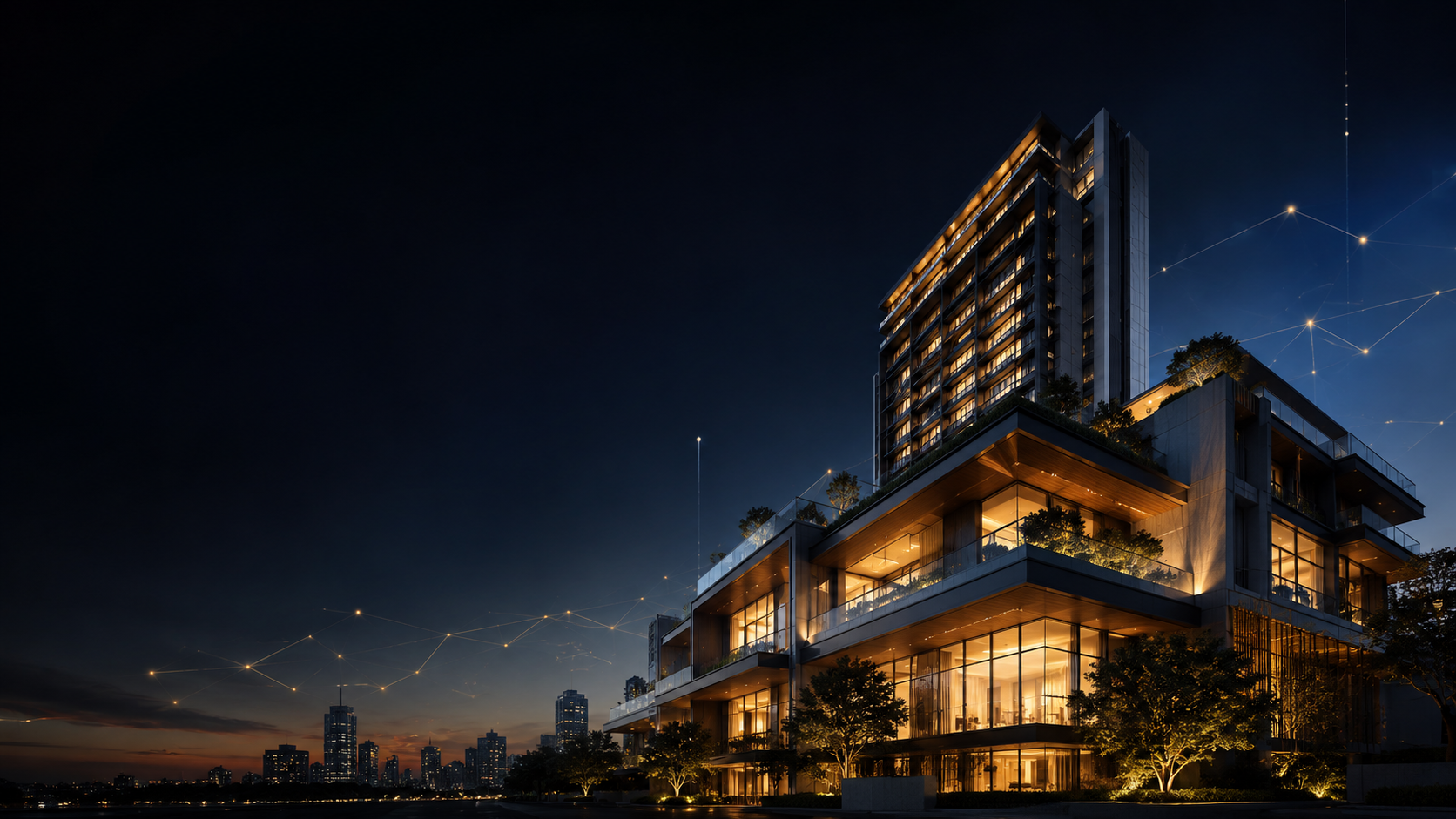 Luxury real estate tower at dusk